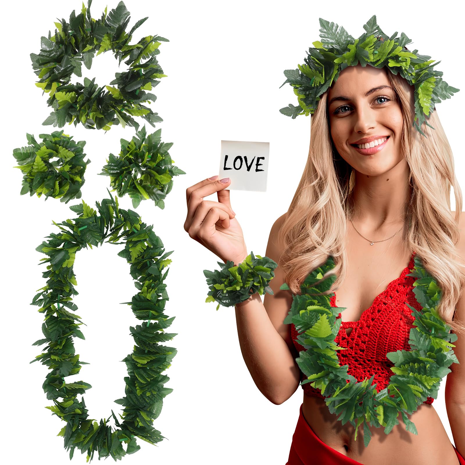 Photo 1 of Ipetboom 1 Set Hawaiian Party Garland, Green Artificial Leaves Headband Lifelike Leaves Necklace Loop Bracelet for Wedding Tropical Beach Hawaiian Luau Themed Party Decoration