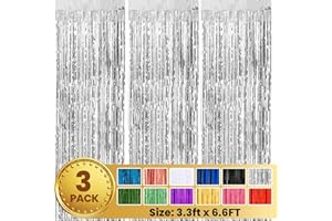 PABUES 3 Pack 3.3 x 6.6 FT Silver Foil Fringe Backdrop Curtain, Streamer Backdrop Curtains, Streamers Birthday Party Decorations, Fringe Backdrop for Graduation, Baby Shower, Gender Reveal