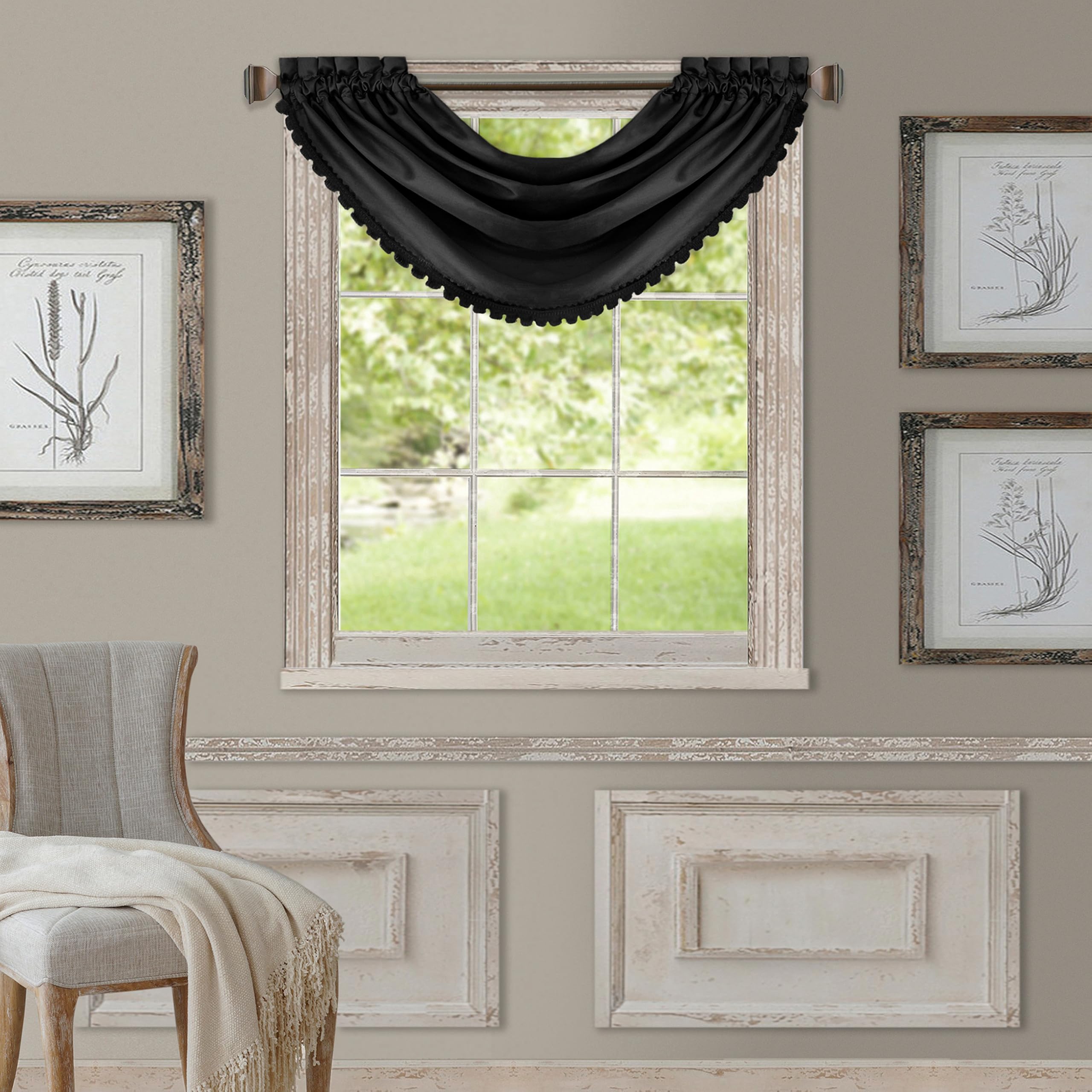 Elrene All Seasons Room-Darkening Waterfall Window Valance, Accessory for Bedroom or Living Room Windows with Rod Pocket Tabs, 52" x 36", Black, 1 Valance