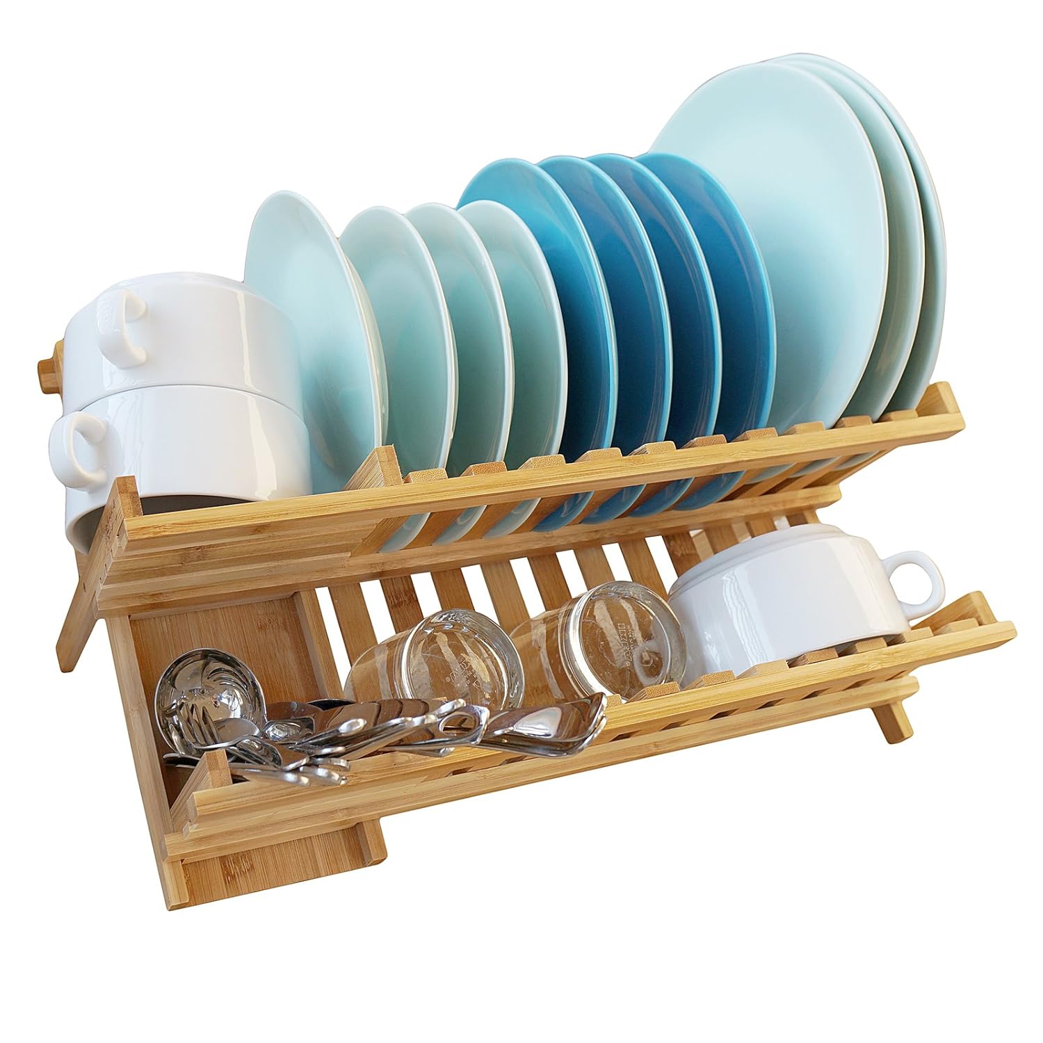 WELLAND Bamboo Dish Rack Drying Bamboo Dish Drainer Folding Countertop