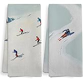XNXLDYLH Winter Skier Skiing Kitchen Towels Sets of 2, Ski Skiing Lover Themed Gifts for Skiers Women Men Kids, Winter Christmas Ski Skiing Decor Dish Hand Tea Towels for Bathroom Kitchen,16x24 Inch