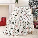 Christmas Fleece Print Throw Blanket, Super Soft Plush Cozy Fuzzy Red Floral and Green Leaves Printed Throw Blankets for Couch Sofa Bed, and Home, Microfiber Flannel, All Seasons 50x60 Inches