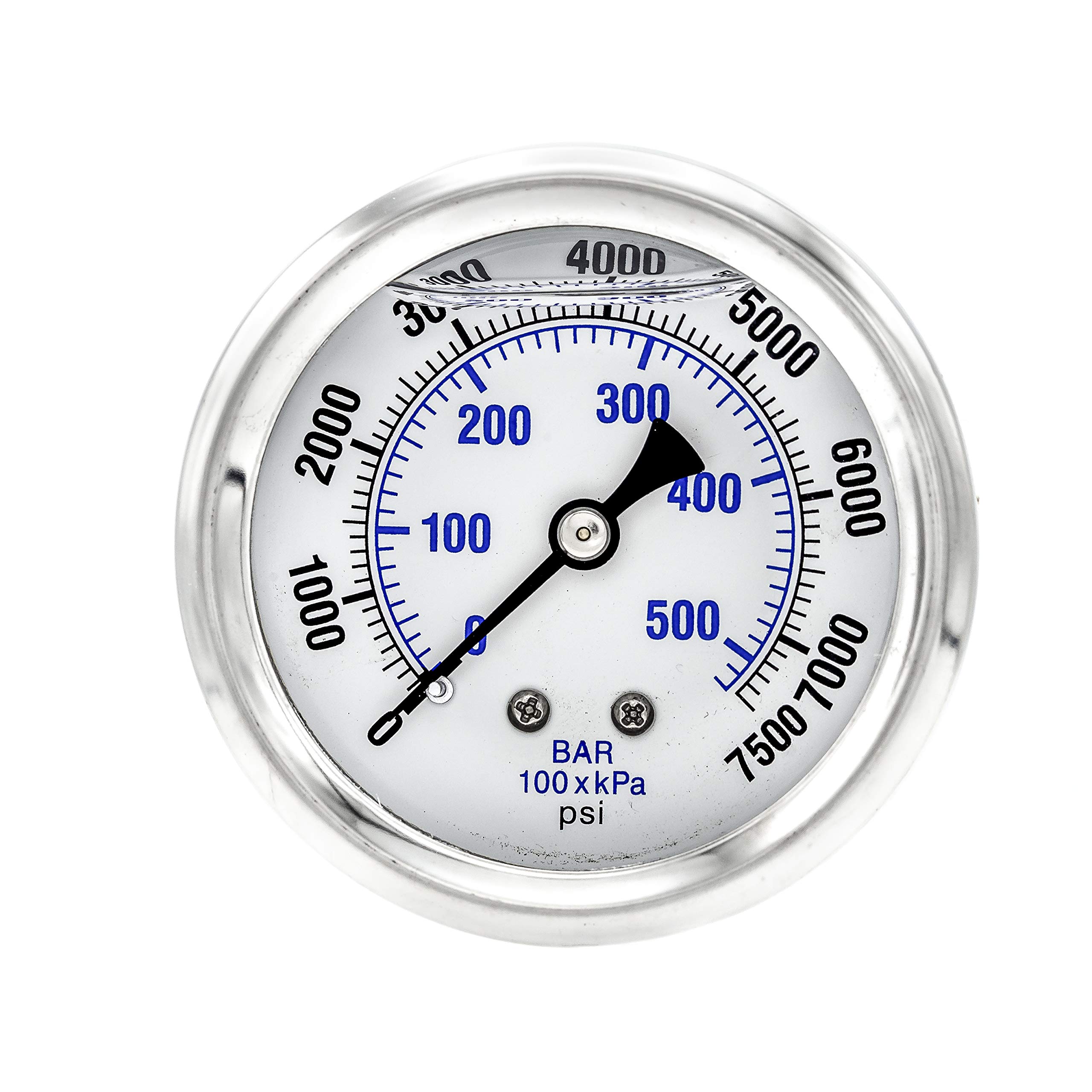 PIC Gauge PRO-202L-254T Glycerin Filled Industrial Center Back Mount Pressure Gauge with Stainless Steel Case, Brass Internals, Plastic Lens, 2-1/2" Dial Size, 1/4" Male NPT, 0/7500 psi