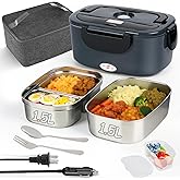 Electric Lunch Box for Adults - 1.5L Single/Double Layer Stainless Steel Food Warmer - 80W Fast PTC Heated Lunchbox, 12V/24V/110V Portable Food Heater for Car&Truck, Office, Camping, Travel(Gray)