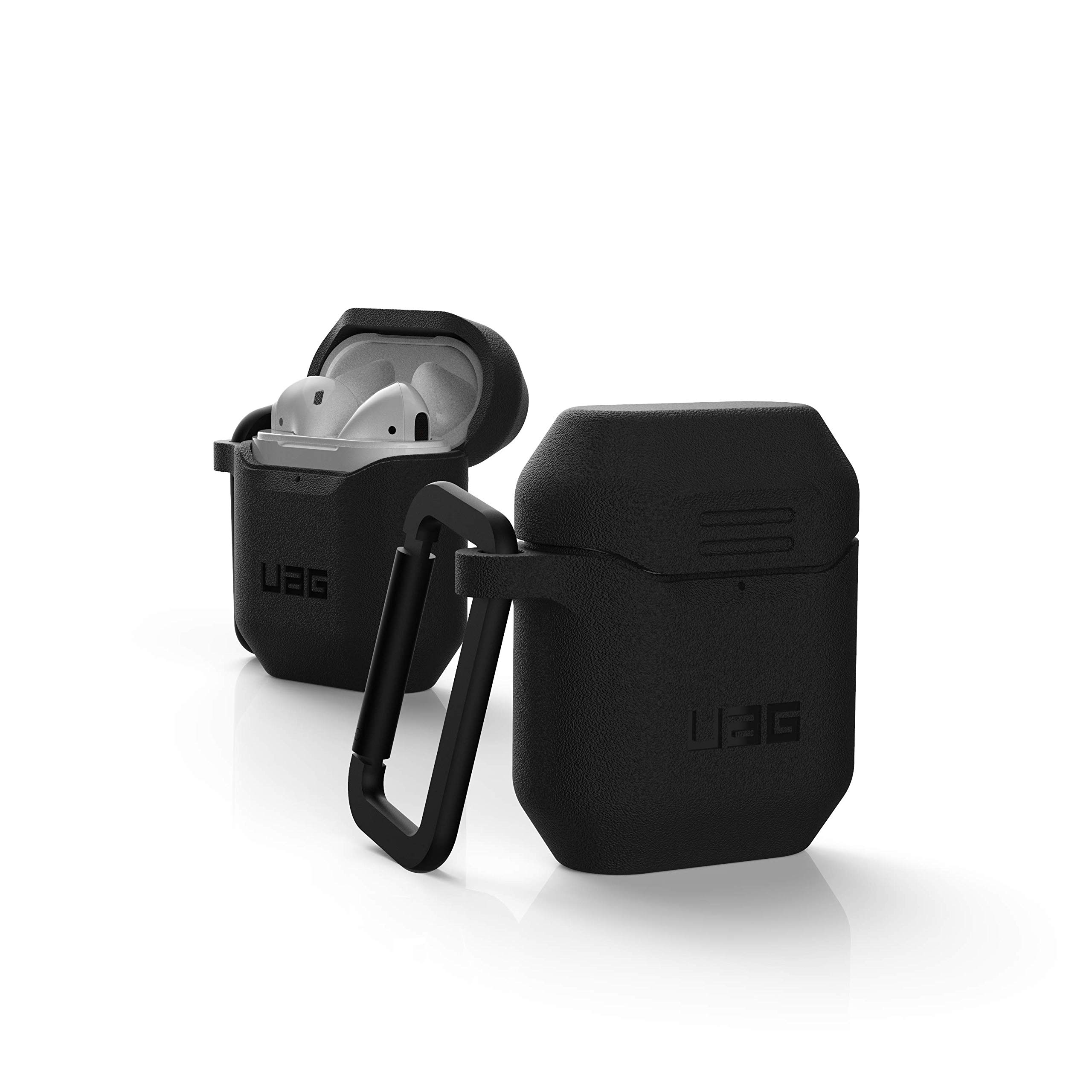 Urban Armor Gear Case for Apple Airpods 2 (2019) / Apple Airpods 1 (2016) (textured one-piece silicone case, wireless charging compatible, carabiner hook, lightning connector cover), black