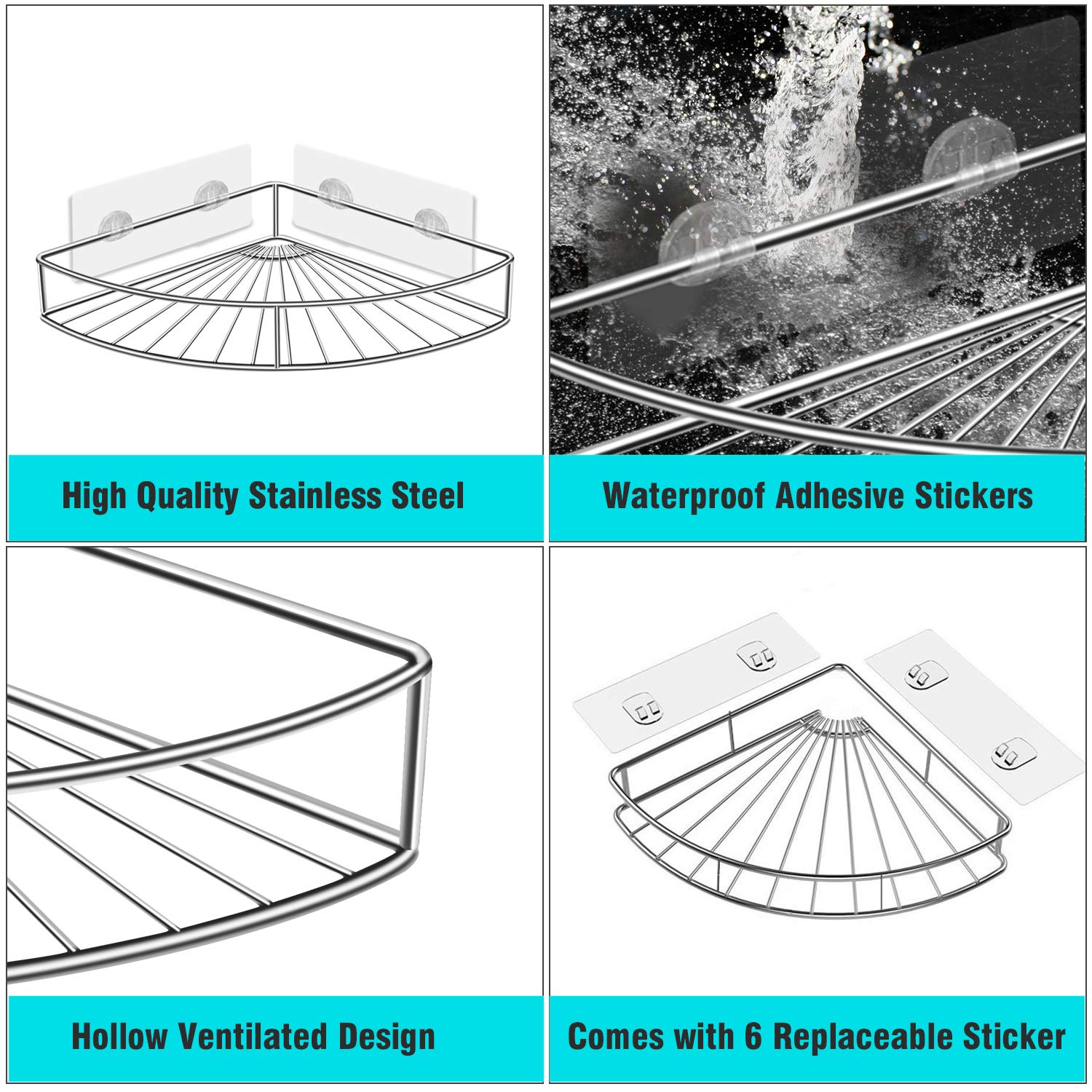 Seven Sparta 2 Pack Corner Shower Caddy Adhesive Stainless Steel Storage Organizer Shelf with Waterproof Stickers for Kitchen Bathroom, No Drilling Required
