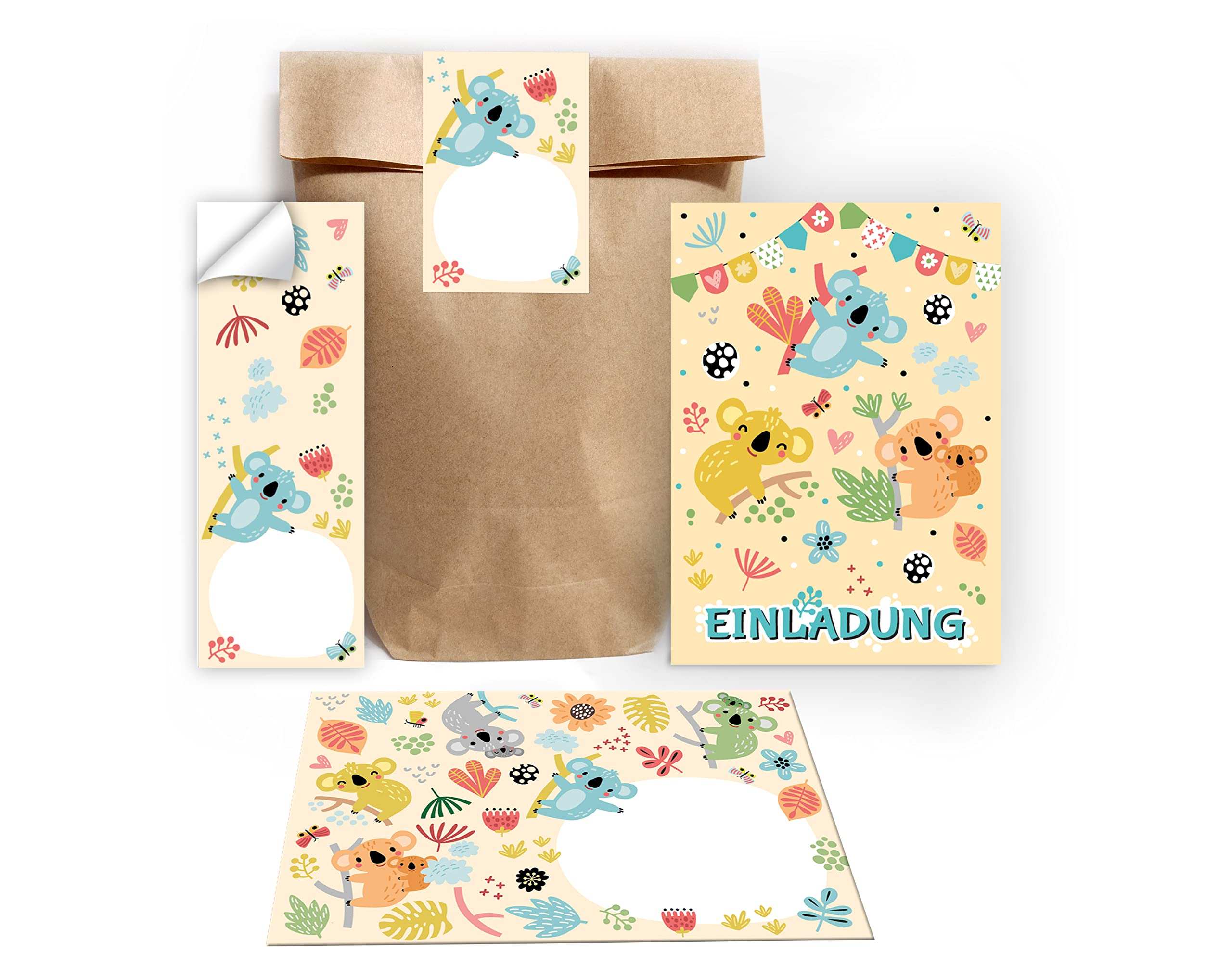 Koala Invitation Cards for Children's Birthday Party Girls Boys Including 12 Envelopes 12 Bags Natural 12 Stickers