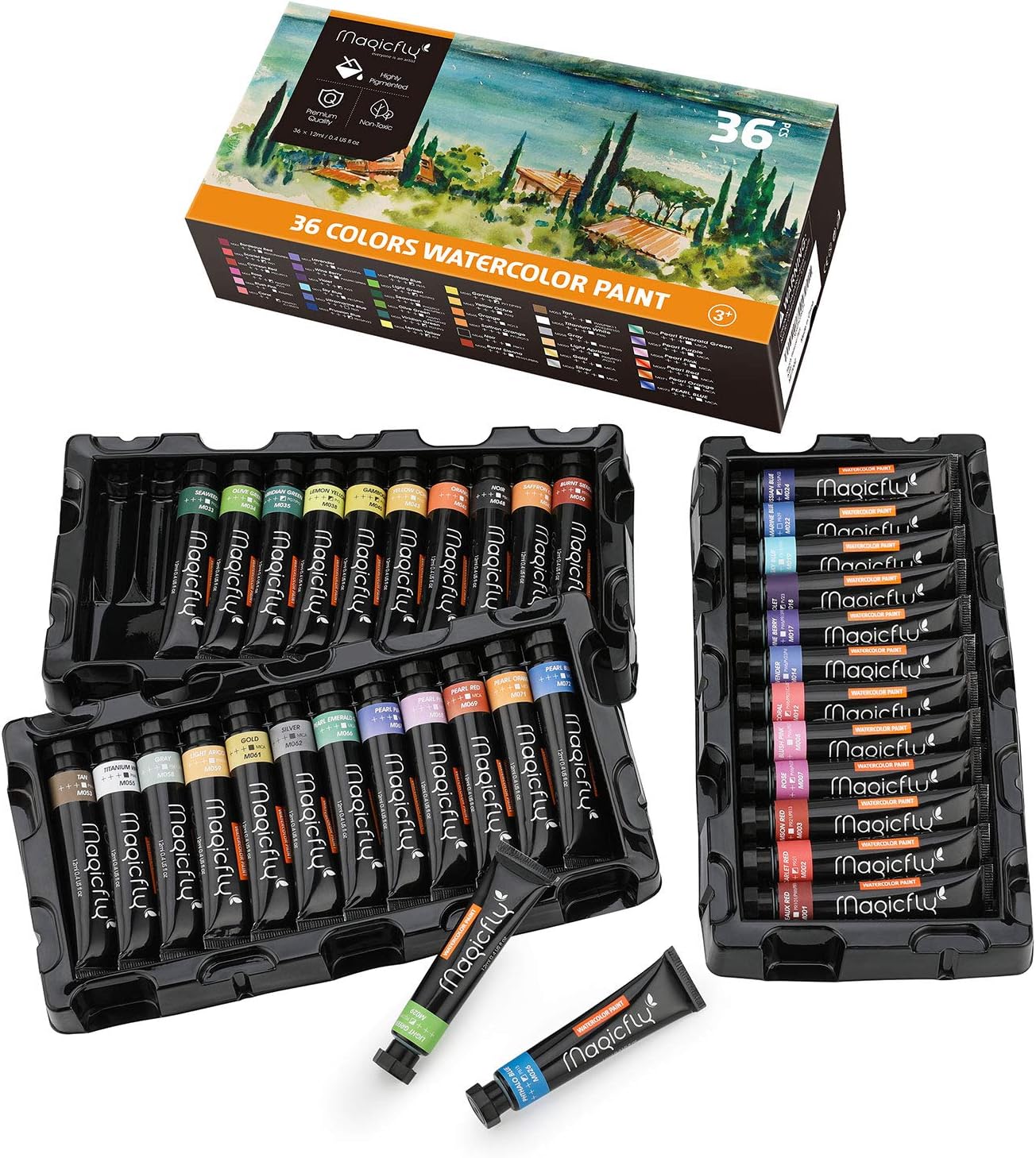 Magicfly Watercolor Paint, Set of 36 Colors/Tubes, 36x12ml/0.4 oz with