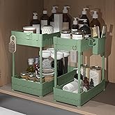 Sevenblue 2 Pack Under Sink Organizer, Under Bathroom Cabinet Organizer with Hooks Hanging Cup, Multi-Purpose Storage Shelf for Kitchen Bathroom (Green, L)