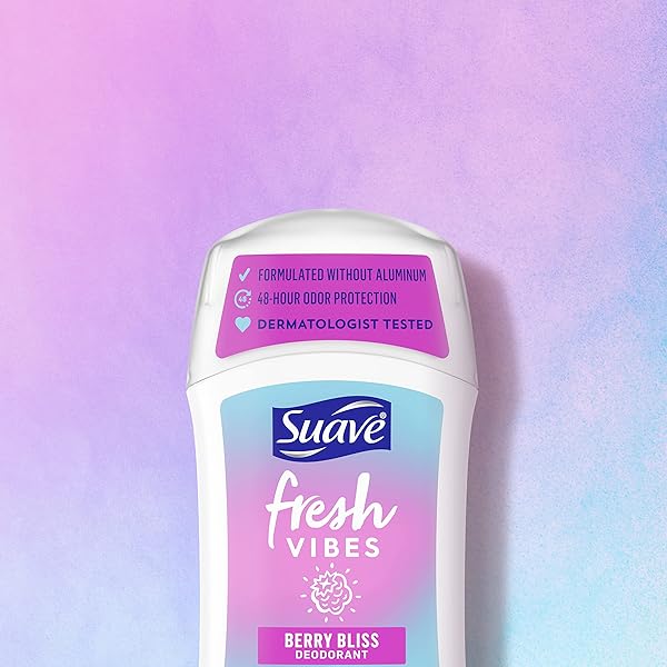 SUAVE FRESH VIBES DEODORANT STICK ALUMINUM FREE 48 HOUR DEODORANT PROTECTION BERRY BLISS DERMATOLOGIST TESTED BODY DEODORANT 1.2 OZ