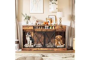 63 Inch Dog Crate Furniture with Double Doors, Modern Farmhouse Indoor Kennel for Small to Medium Dogs, Dual Drawer Storage T