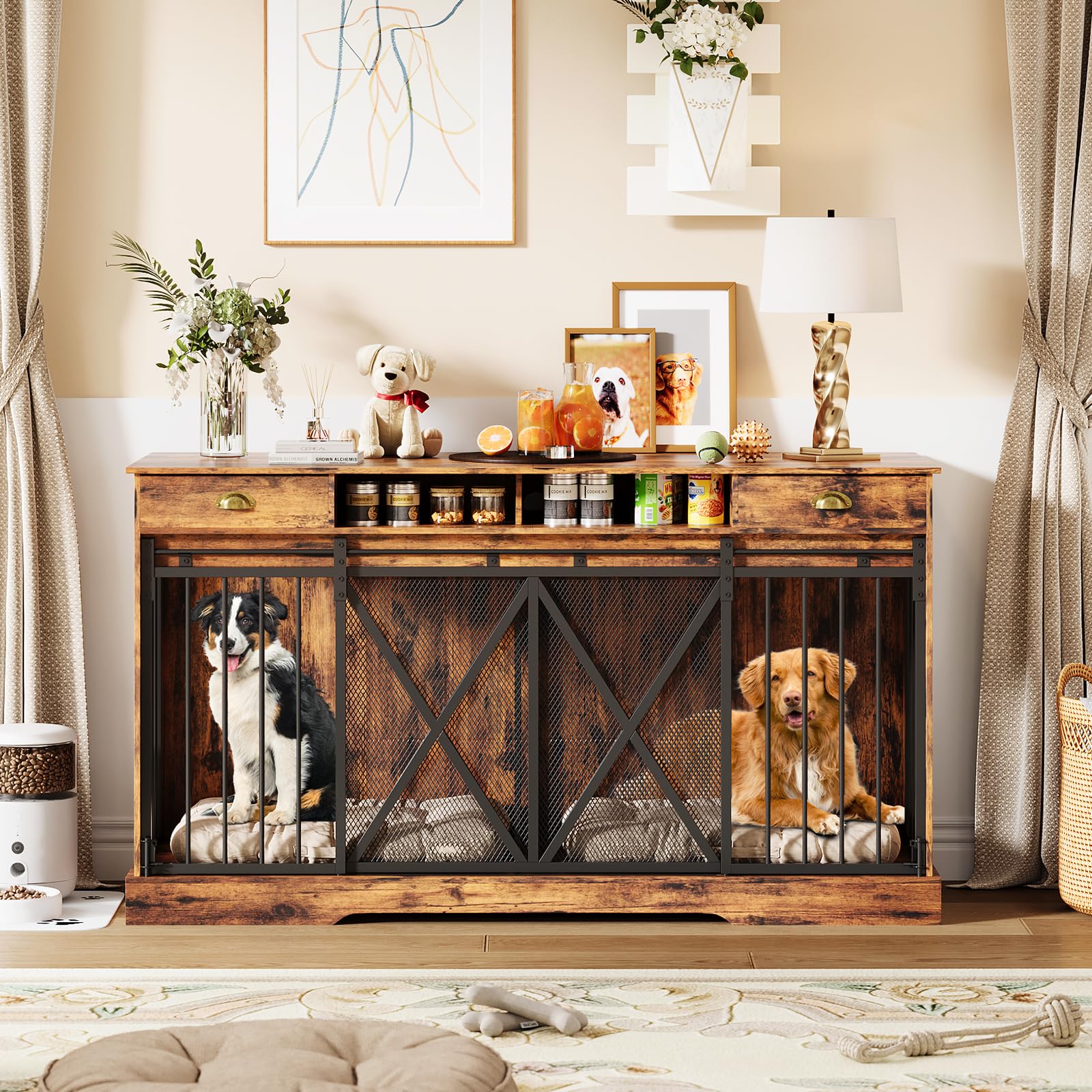 Photo 1 of *PARTS ONLY*
GarveeLife 63 in Extra Large Double Dog Crate with Removable Divider, Heavy Duty Dog Kennel Furniture with 2 Drawers, Indoor Decorative Pet Cage TV Stand for 2 Pets, Brown