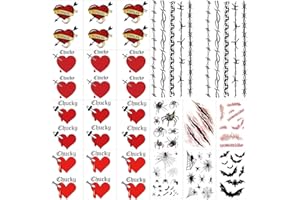 Zeecdatoo 80+ Pcs Halloween Tattoos for Bride of Chucky, Perfect Halloween Temporary Tattoos for Tiffany Costume Bride of Chucky Barbed Wire Scar Spider Bat Fake Tattoos Stickers