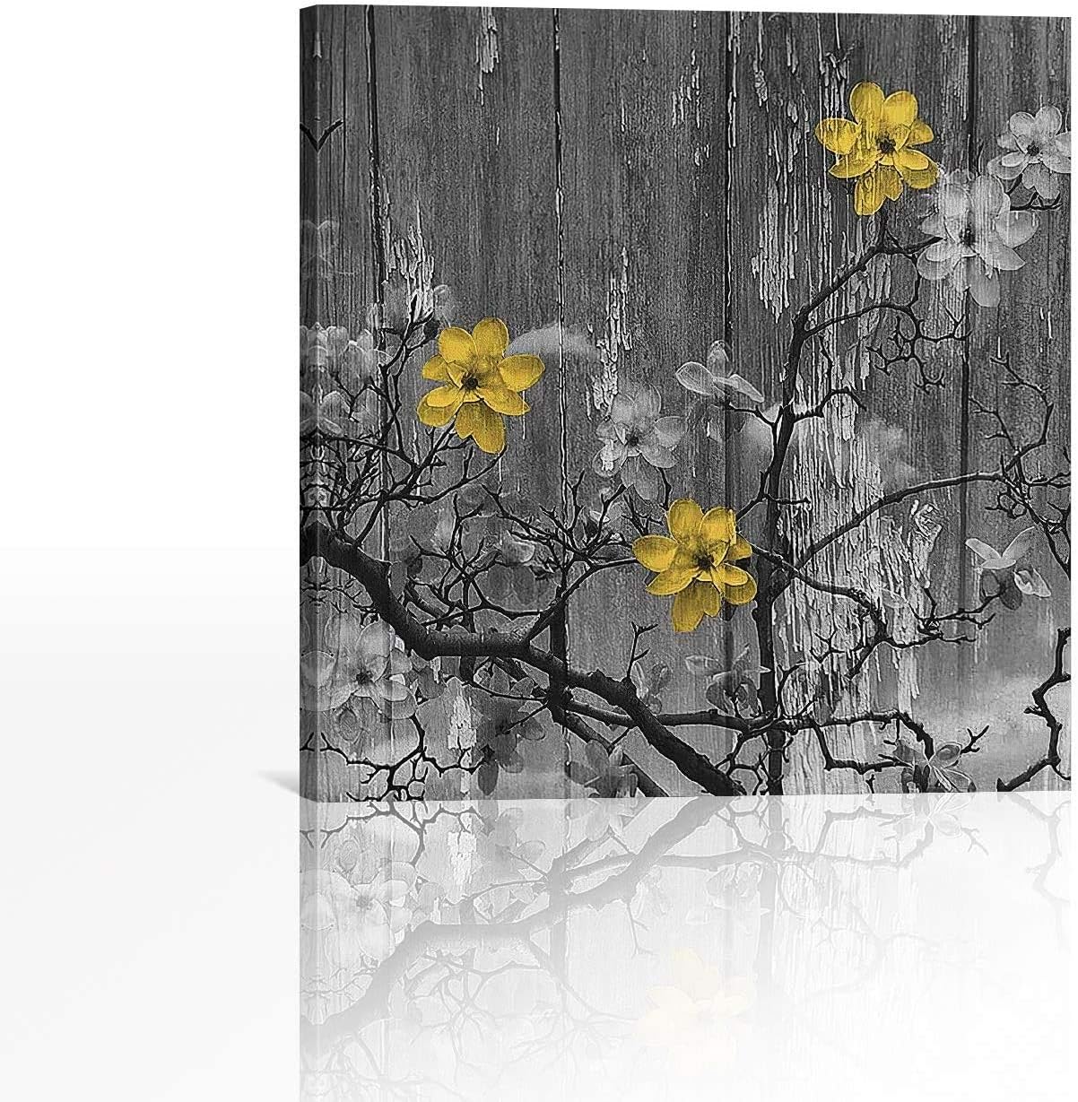 BLI Canvas Wall Art Painting Yellow Grey Rustic Modern Floral Wall Art Prints Home Decorations for Living Room,Decorative Wall, Bathroom Office Decor Artwork Ready to Hang