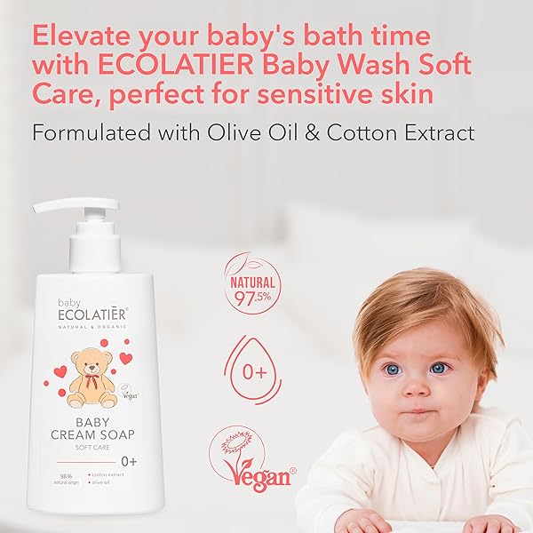 ECOLATIÈR BABY CREAM SOAP – 98% NATURAL, VEGAN, HYPOALLERGENIC BODY WASH & GENTLE BABY SOAP FOR SENSITIVE SKIN, NEWBORN & TODDLER CARE, SOFT & NOURISHING, 8.5 FL OZ