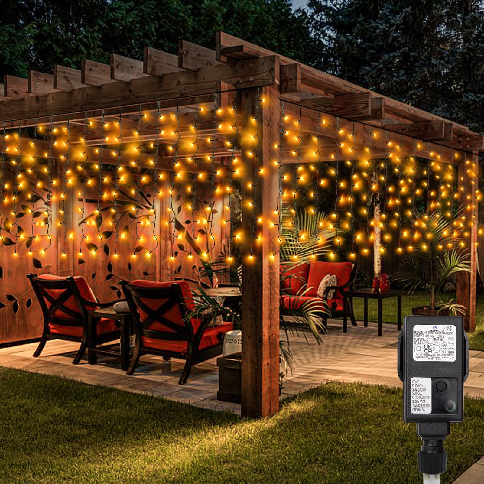 CCILAND LED Christmas Curtain Lights Plug in, 6Mx1M 300 LED Curtain String Lights with 8 Modes Outdoor Curtain Lights IP54 Waterproof for Fence Patio Wedding Party Garden Decoration (Warm White)