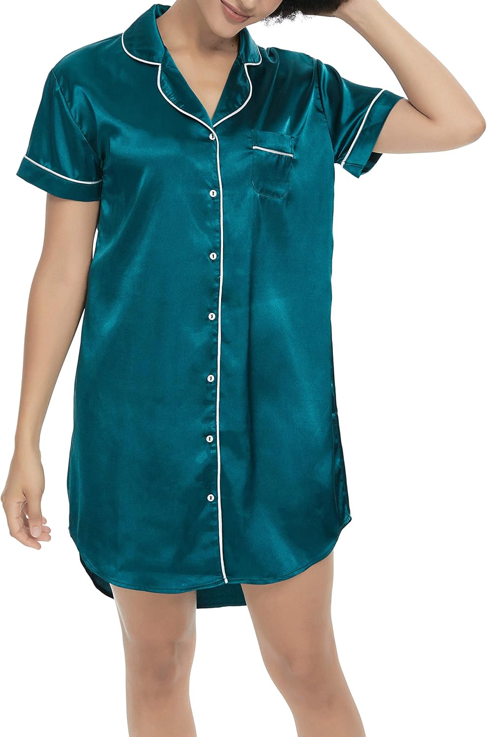 Women's Boyfriend Style Short Sleeve Silk Like Satin Sleepwear Long