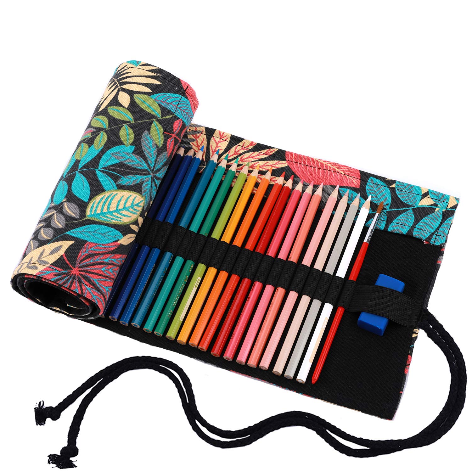 Amoyie Roll Up Pencil Case for 72 Coloured Pencils, Foldable Colouring Pen Organiser Bag, Canvas Coloring Pens Holder, Artist Wrap, Color Leaf