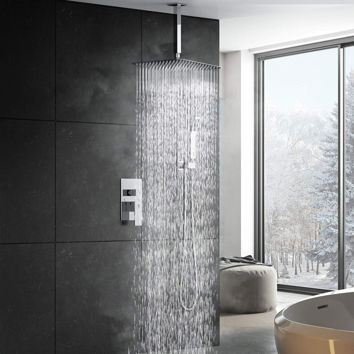 SR SUN RISE 16 Inches Polished Chrome Shower Faucet System Bathroom Luxury Rain Mixer Shower Faucet Set Ceiling Mounted Rainfall Shower Head Set (Contain Shower Faucet Rough-In Valve Body and Trim) - - 
