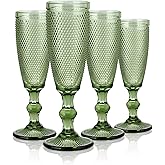 Joeyan Green Vintage Champagne Flutes Glasses Cups,Embossed Colored Toasting Goblet Glasses,Stemmed Hobnail Beaded Glassware for Wedding Anniversary Birthday Party,5 oz,Set of 4,Dishwasher Safe