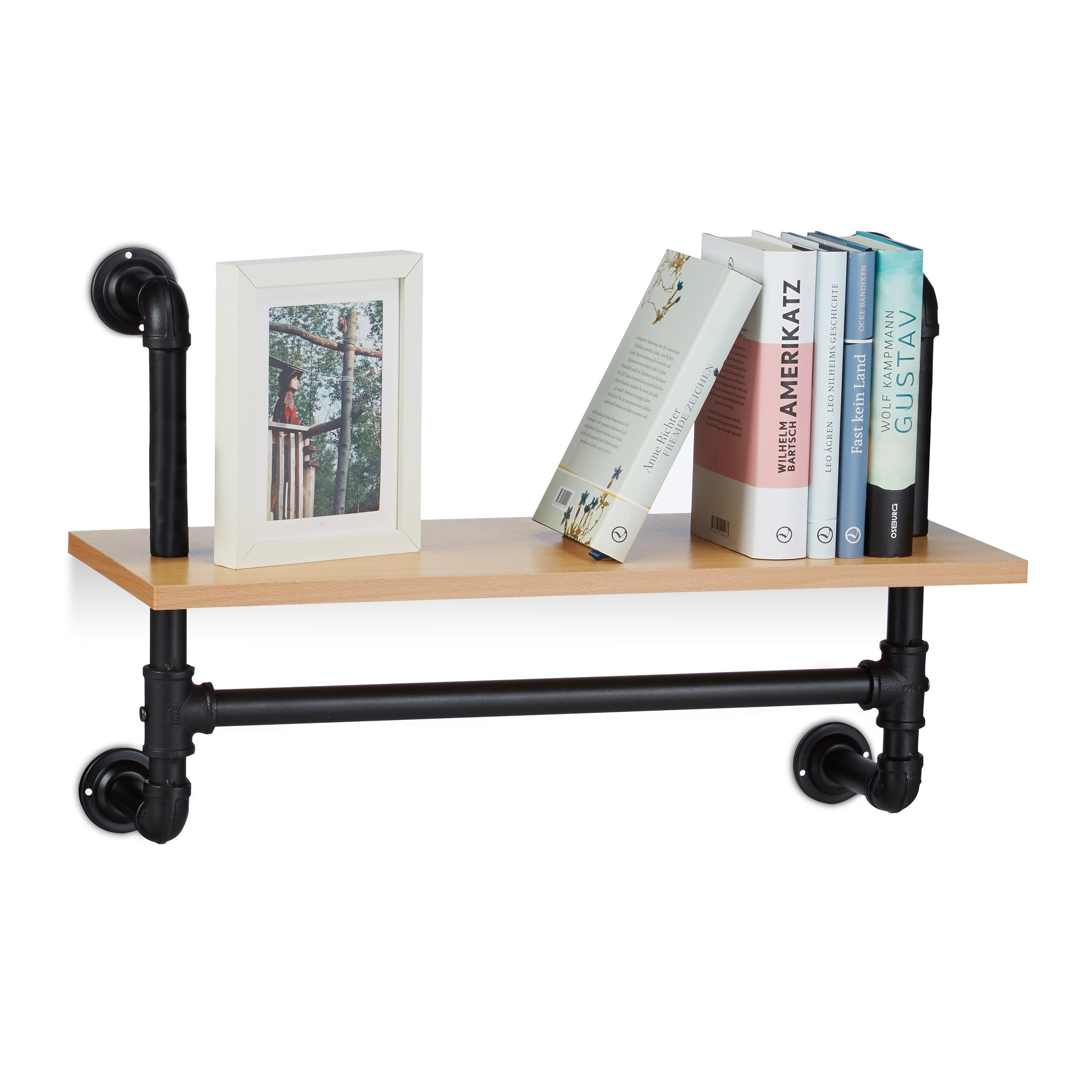 Relaxdays Industrial Wall Shelving Unit, 1 Shelf, Wall-Mount, Bookcase, Wooden, Vintage, Retro Look, HxWxD: 41.5 x 60 x 24 cm, Brown