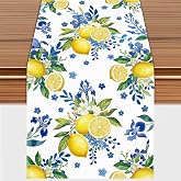 Lemon and Blue Floral Table Runner, 72 x 13 inches, White, Summer Spring | Polyester Fabric with Linen Texture, Easy Care &amp; Machine Washable, Fade Resistant, Spring Summer Dining Decor, Party &amp;Holiday