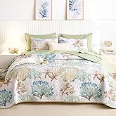 Wake In Cloud - Coastal Quilt Set, Nautical Ocean Beach Themed Tropical Summer Patterned, Reversible Lightweight Bedspread Coverlet, 3 Pieces, Green Tan, Queen/Full Size