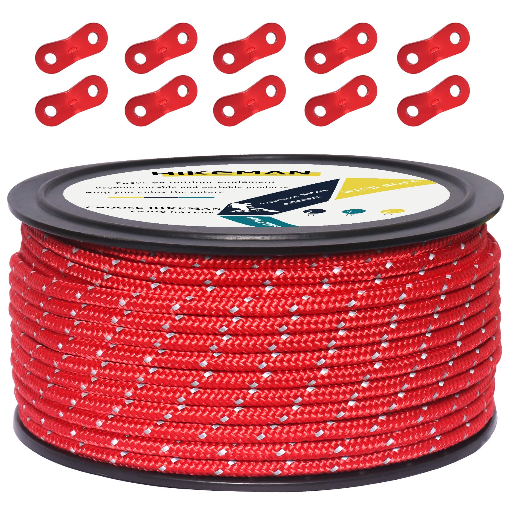 50M Reflective Cord Guy Ropes Outdoor Tent Guide Rope 100% Nylon Cord Wind Line with 10Pcs Aluminum alloy tensioners for Camping (red, Diameter 5 mm)