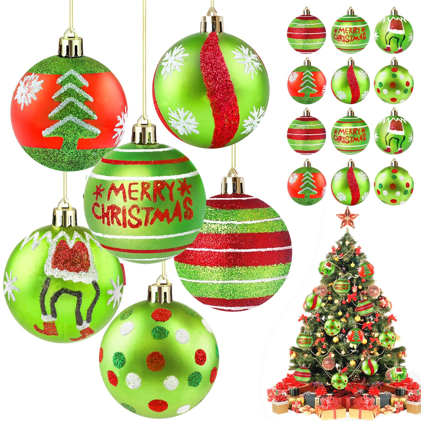 Photo 1 of 12Pcs Christmas Ornaments Christmas Tree Decorations Red Green Glittering Elf Balls Ornaments for Indoor Holiday Party Decor 2.36 Inch