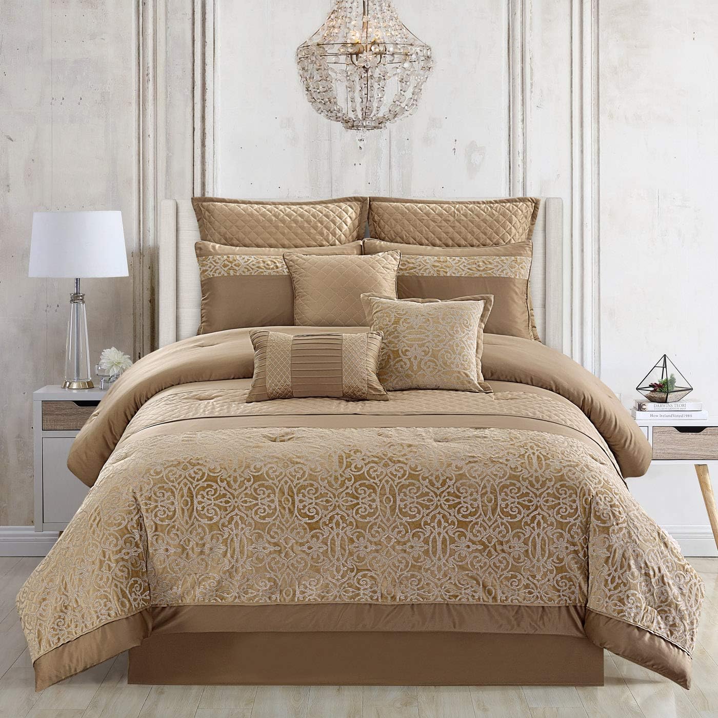 Amazon Com Riverbrook Home 8100 Polyester Comforter Set Queen 9 Piece Moraga Gold Home Kitchen