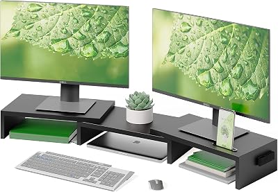 BONTEC Dual Monitor Stand Riser Adjustable Length & Angle Desk Organizer