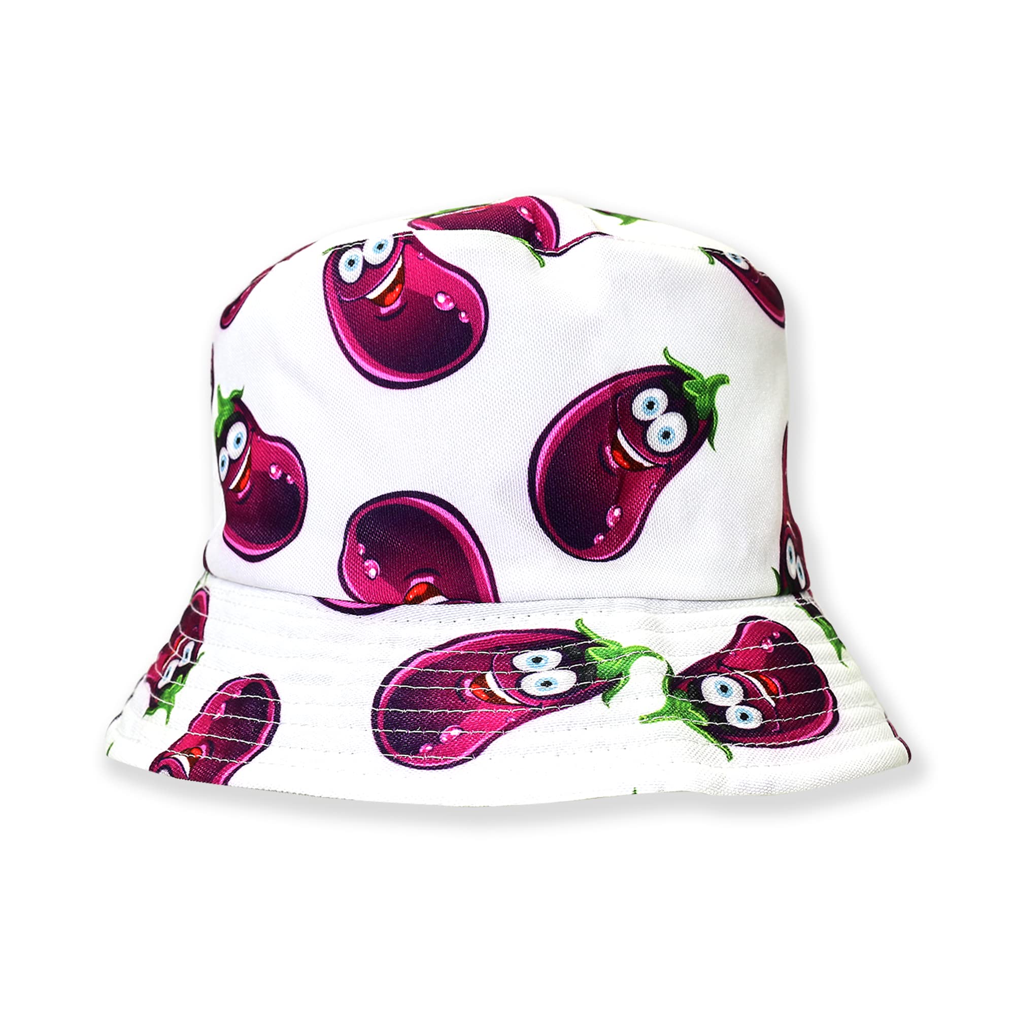 Robelli Unisex Reversible Summer Bucket Hat - Fun Festival Colourful Designs (BH23 WHITE/PURPLE EGGPLANT CARTOON)