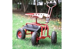 KINSUITE Garden Cart Rolling Work Seat Outdoor Utility Lawn Yard Patio Wagon Scooter for Planting, Adjustable Handle 360 Degree Swivel Seat Red