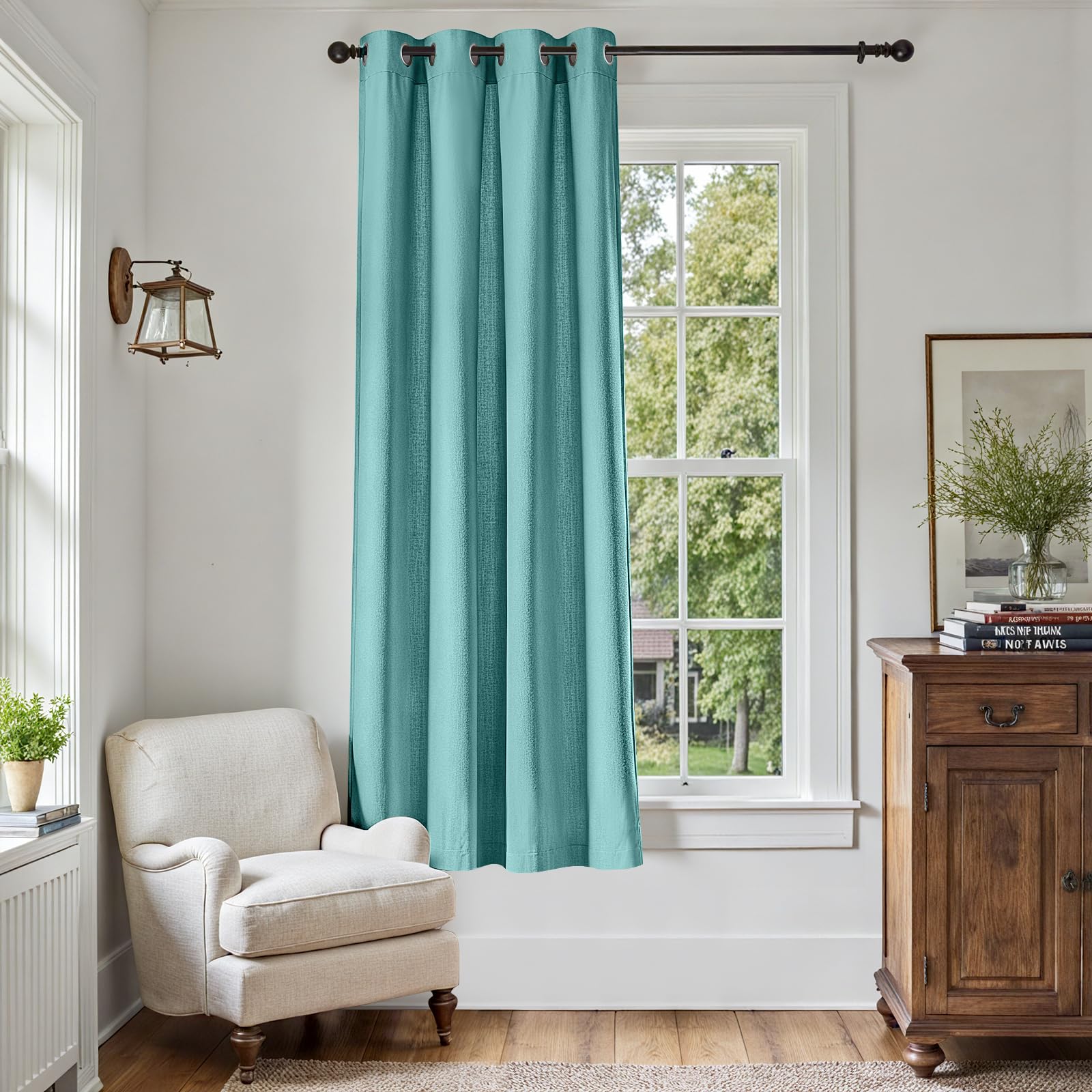 Photo 1 of jinchan Linen Textured Room Darkening Curtain 72 Inch Long for Living Room Darkening Curtain Teal Blue Thermal Insulated Grommet Top Window Drape for Bedroom Blue 1 Panel