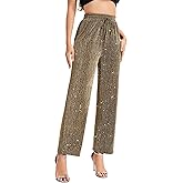 PEIQI Women High Elastic Waist Wide Leg Palazzo Pants Bling Glitter Casual Loose Long Sparkle Pant Trouser