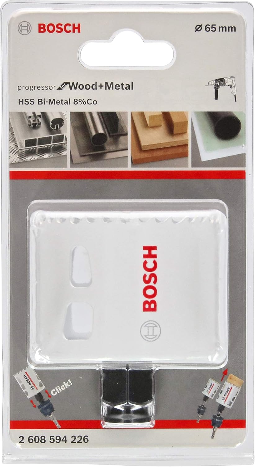 BOSCH Bi-Metal Hole Saw (for Wood and Metals 8% Cobalt Alloy, Progressive Tooth Design, diameter 65 mm, Accessory Drills)