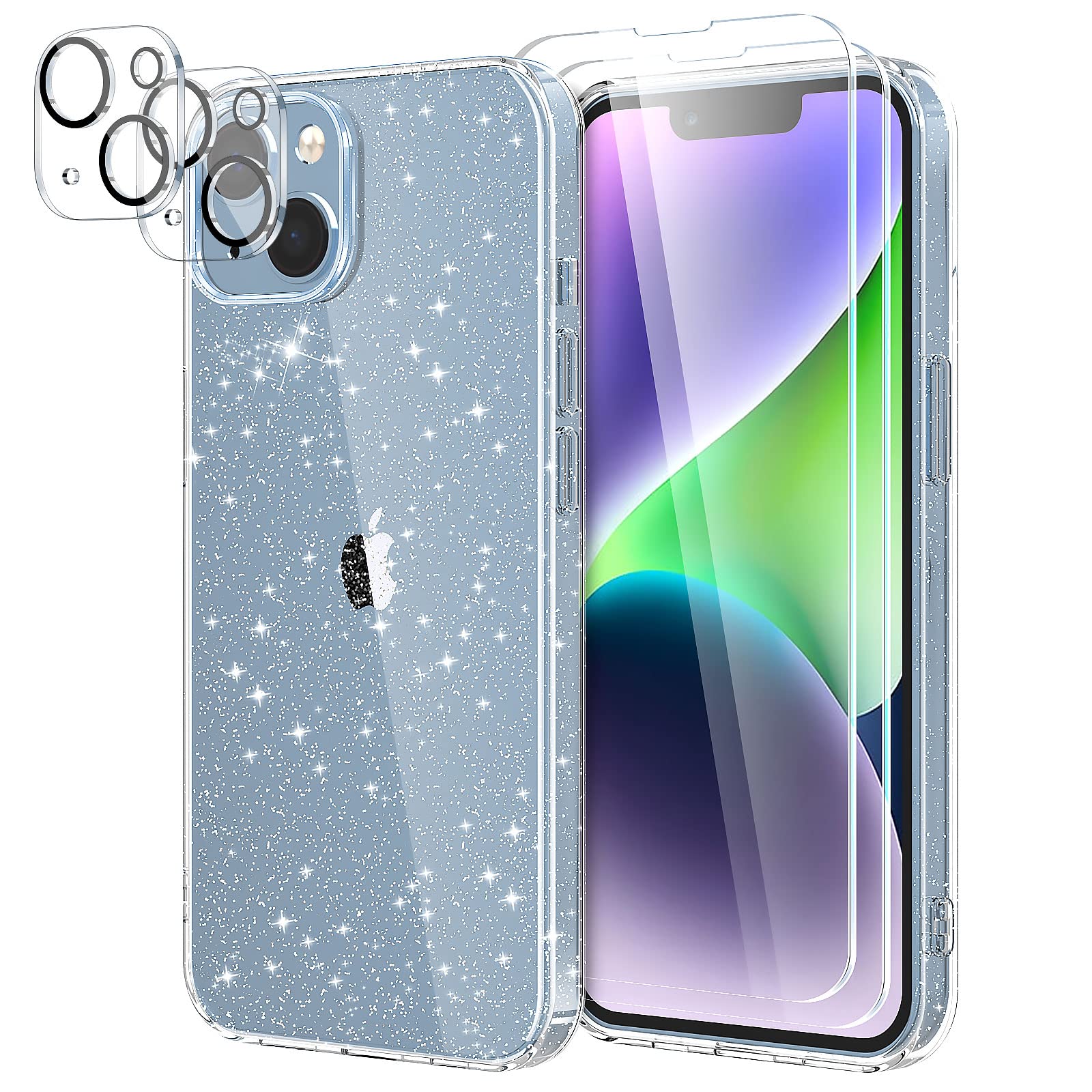 YIRSUR Glitter Clear Case Compatible with iPhone 14 Plus 6.7" with 2 Pack Screen Protector with 2 Pack Camera Lens Protector, Soft TPU Bumper Anti-Scratch Shockproof Transparent Sparkly Cover — image 1