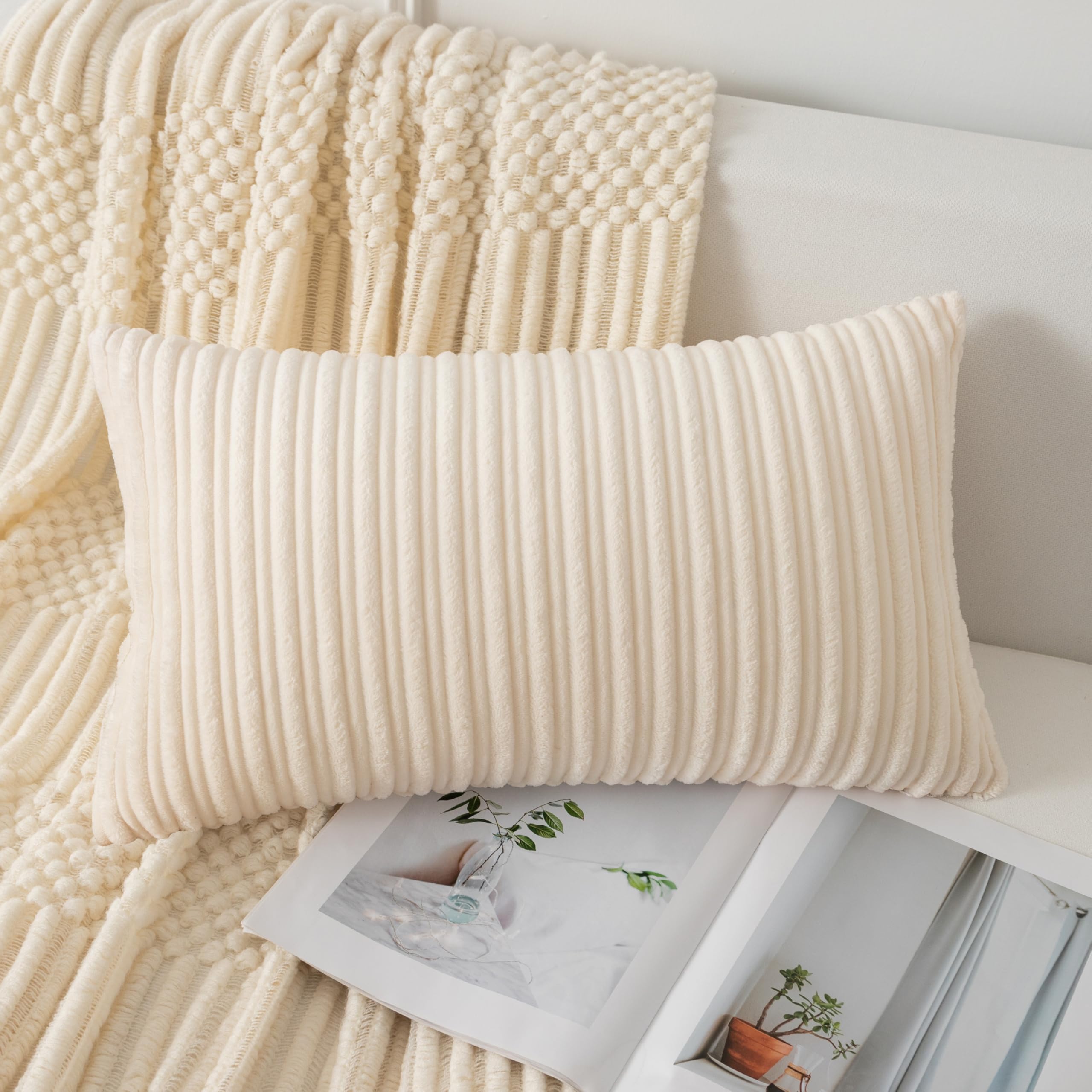 Photo 1 of UGASA 14x24 Inch Pillow Cover Pack of 1 Soft Boho Stripe Corduroy Long Rectangular Lumbar Cushion Cover Farmhouse Decorative Throw Pillowcase for Bed, Couch, Sofa, Bedroom, Living Room, Cream