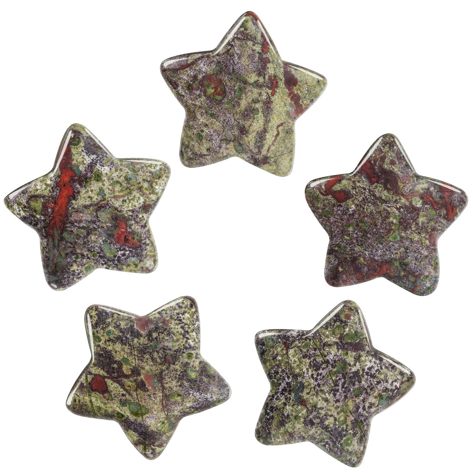 Nupuyai 5pcs Dragon Bloodstone Carved Crystal Star Statue Pocket Worry Stone Set, Energy Healing Stone Figurine for Home Office Decor