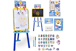 Baby Shark Standing Art Easel for Kids, Toddler Drawing Dry Erase Magnetic Whiteboard, Chalkboard, Accessories and Number 1 in Service Tissue Pack (47 Pieces)