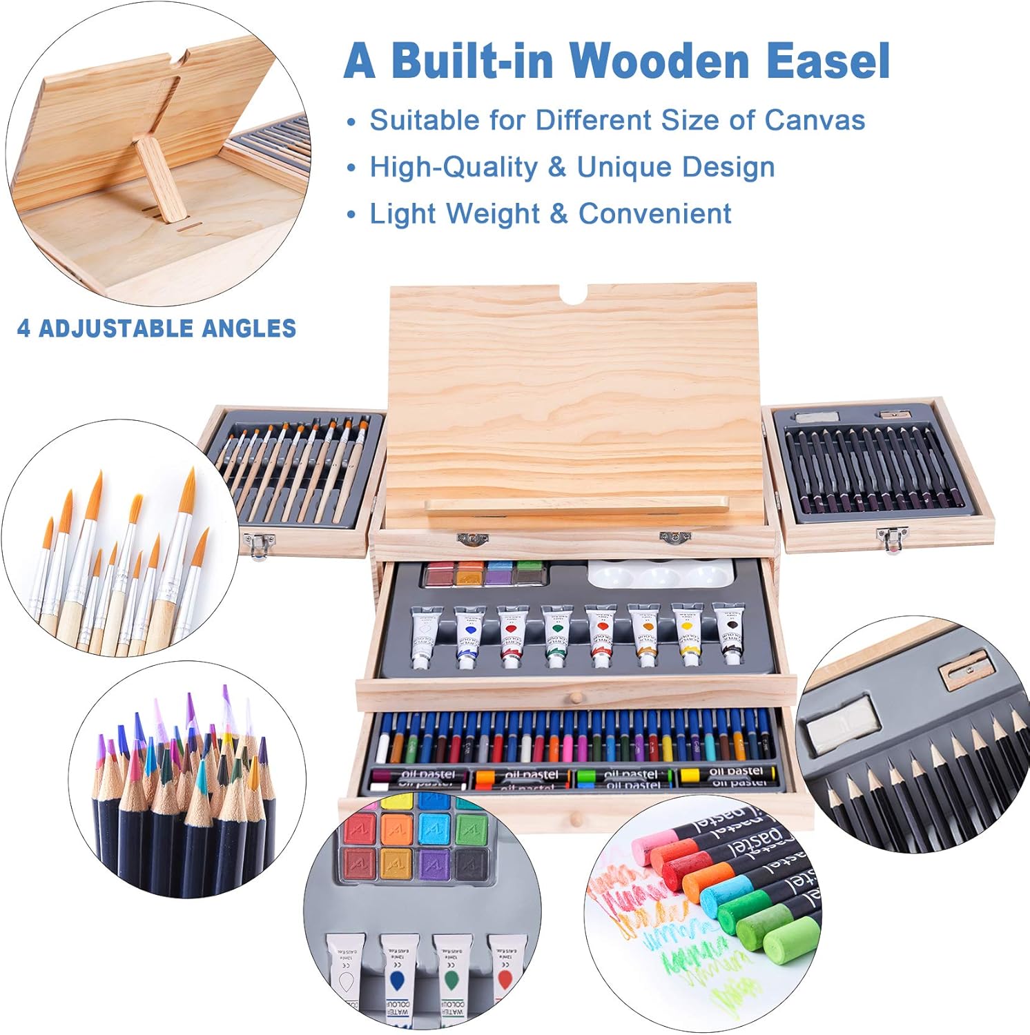 Art Set 85 Piece with Built-in Wooden Easel, 2 Drawing Pad, Art Supplies in Portable Wooden Case-Painting & Drawing Set Professional Art Kit
