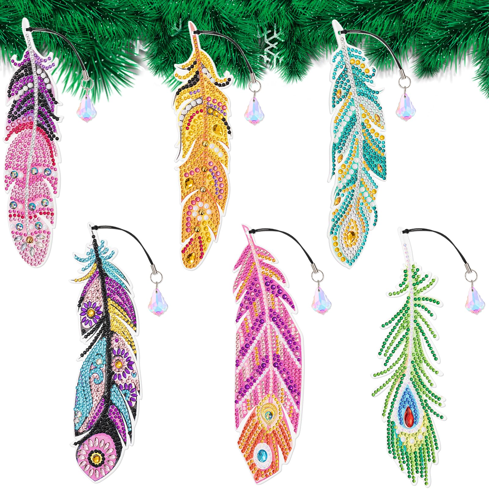 JSRQT DIY Feather Diamond Art Bookmarks Kit with Crystal Pendant - 6 Pieces - Adults & Kids - Non-Foldable