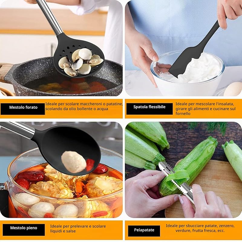 Set di 16 utensili da cucina in silicone, resistenti al calore, con manici in acciaio inox di alta qualità, per cucinare e cuocere, spatole antiaderenti — foto 5 di 7