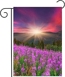ShineSnow Mountains with Pink Floral Flowers Spring Summer Autumn Nature Scenery Garden Yard Flag 12"x 18" Double Sided Polyester Welcome House Flag Banners for Patio Lawn Outdoor Home Decor