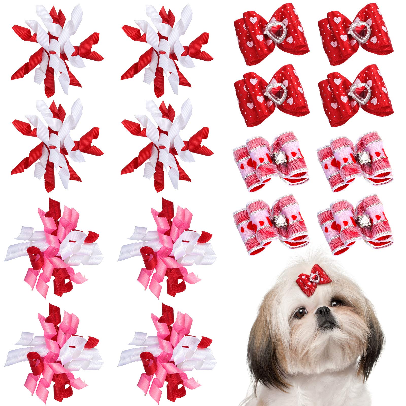Chuangdi 16 Pieces Valentine's Day Dog Hair Bows Dog Curve Bows Puppy Topknot Hair Small Clip Mixed Styles Pet Cat Puppy Rhinestone Accessories with Rubber Bands Grooming Accessories