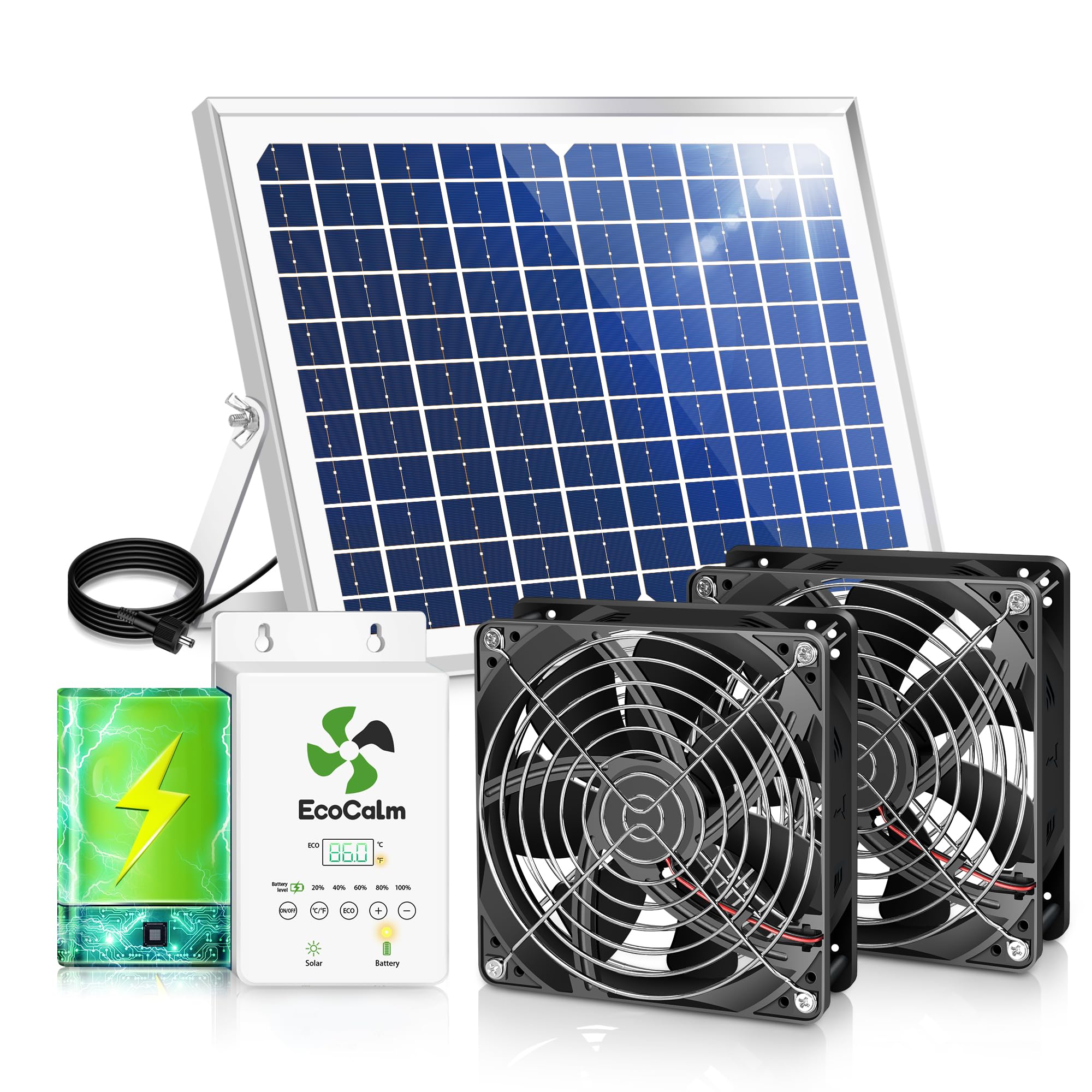 Photo 1 of ecoCalm Solar Exhaust Fan for Chicken Coop with Battery and Adjustable Thermostat, Solar Powered Fan with 25W Bifacial Solar Panel & Dual 5.5" Fans Kits
