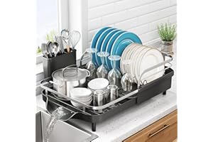 SNTD Dish Drying Rack, Expandable Dish Rack for Kitchen Counter, Stainless Steel Dish Drainer with Drainboard Set and Utensil