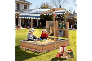 Kids Large Wooden SandBoxes with Roof, Pipleo Outdoor Sand Box Play w/Canopy for Backyard Garden Beach, Sand Pit for Beach Patio Outdoor, [Adjustable Cover & Funnel & Drawing Board] - Brown Oak
