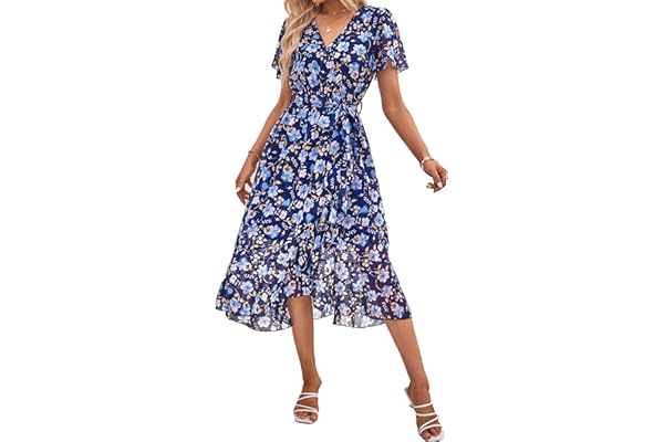 PRETTYGARDEN Women's Summer Floral Boho Maxi Dress Short Sleeve Wrap V Neck Ruffle Long Flowy Beach Wedding Guest Dresses