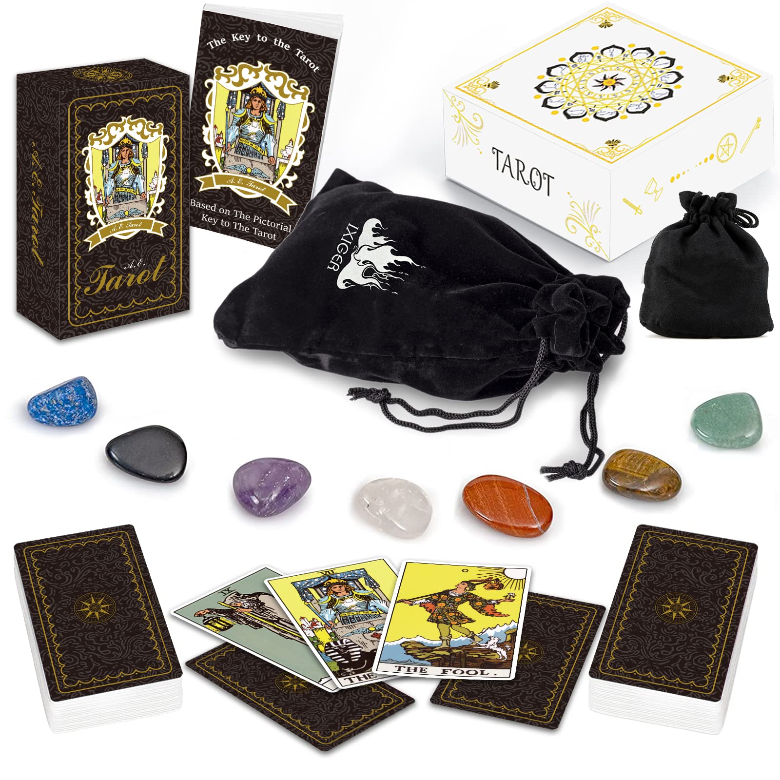 IXIGER Tarot Cards with Guide Book,78 Original Tarot Cards Deck Fortune Telling Game for Beginners&Expert Readers,Classic Tarot Deck Standard Size 4.75"x2.76",Tarot Cards with Bag and Chakra Stoneag